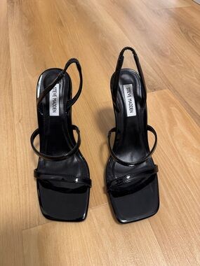 Steve Madden Black Patent Square-Toe Strappy Slingback Heels